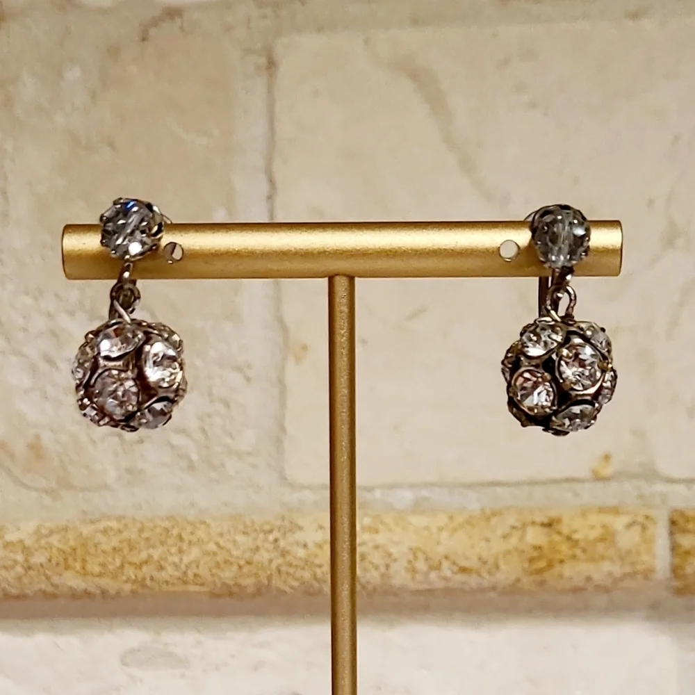 Vintage Crystal Sphere Screwback Dangle Earrings